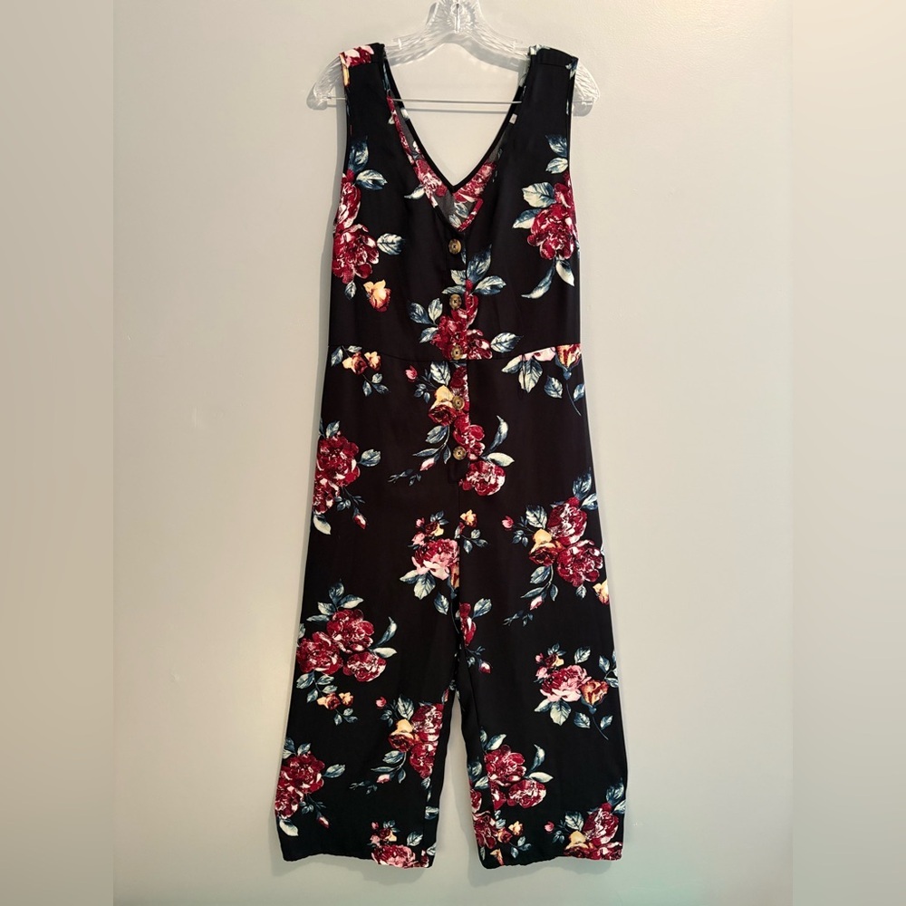 Xhilaration Women's Jumpsuit Large Floral Black Sleeveless V-Neck Button Front - Picture 1 of 16